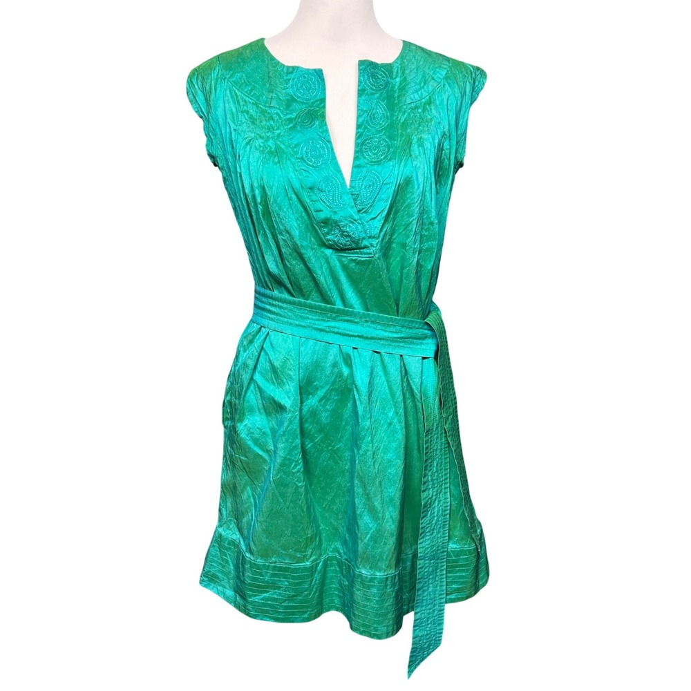 Christiane Celle Calypso Dress Women XS Green Silk Embroidered Belted Jewel Tone